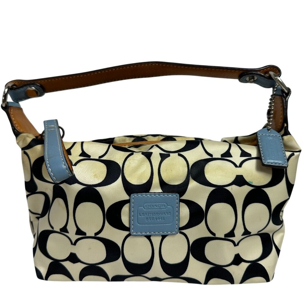 Coach Signature C Demi Mini Bag Satin Canvas Makeup Bag Vinyl Lining Blue Cream